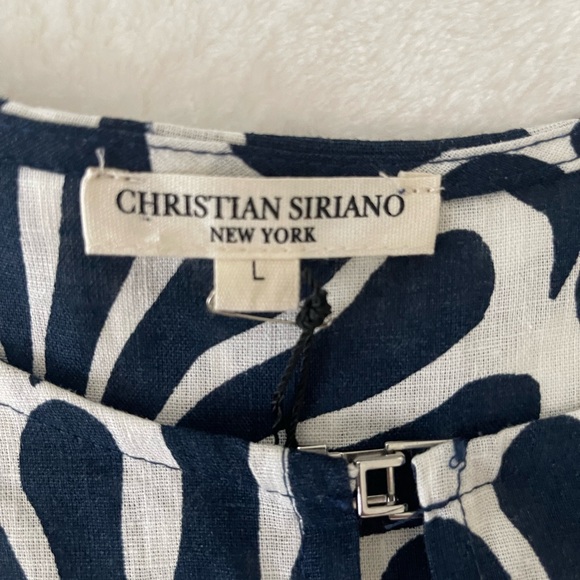 NWT. Christian Siriano Linen Blend Navy and Cream Patterned Women's Top, Sz L - Picture 6 of 11